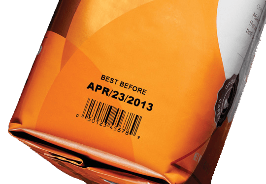 A barcode with best before date coded onto a flexible package