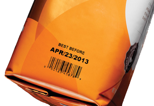 A barcode with best before date coded onto a flexible package