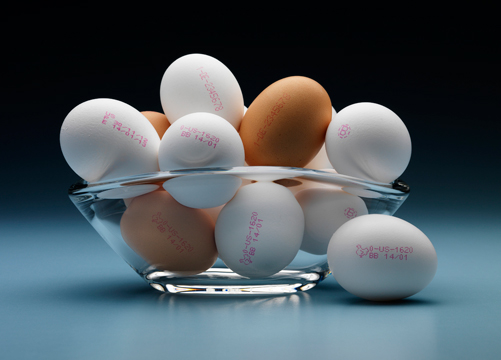 Egg Coding - A Glass Bowl Full of Eggs with Information Coded onto Them.