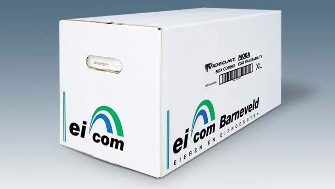 A corrugated box that shows an example of a printed barcode with other variable information from large character marking (LCM) application