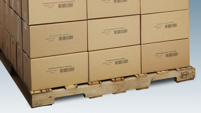 Palletised sealed corrugated boxes that have all had variable data coded directly onto the box, including a barcode