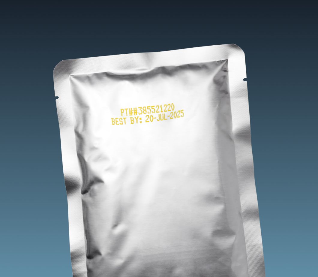 CIJ product marking: two-line alpha-numeric code in yellow ink on silver foil pouch