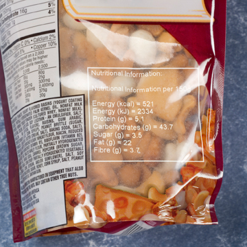 Nutritional label on plastic pouch