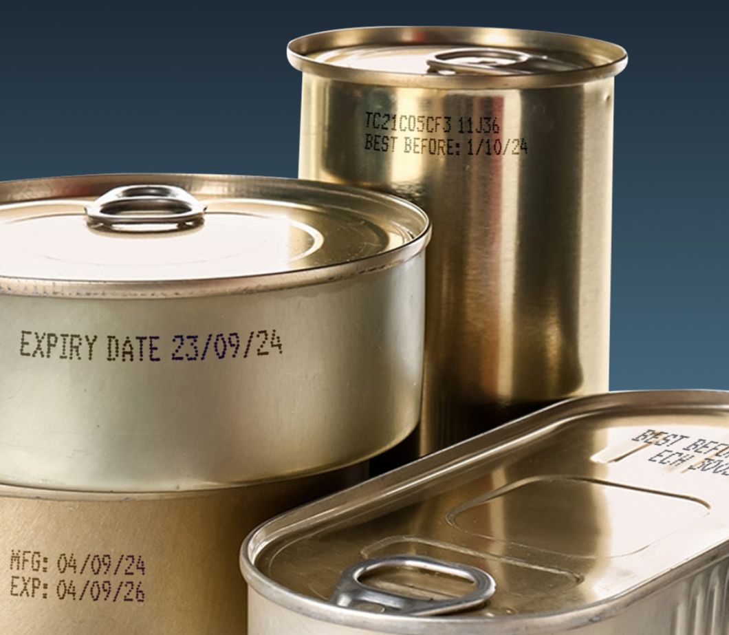 CIJ product marking: one- and two-line alpha-numeric codes in black ink on metal cans
