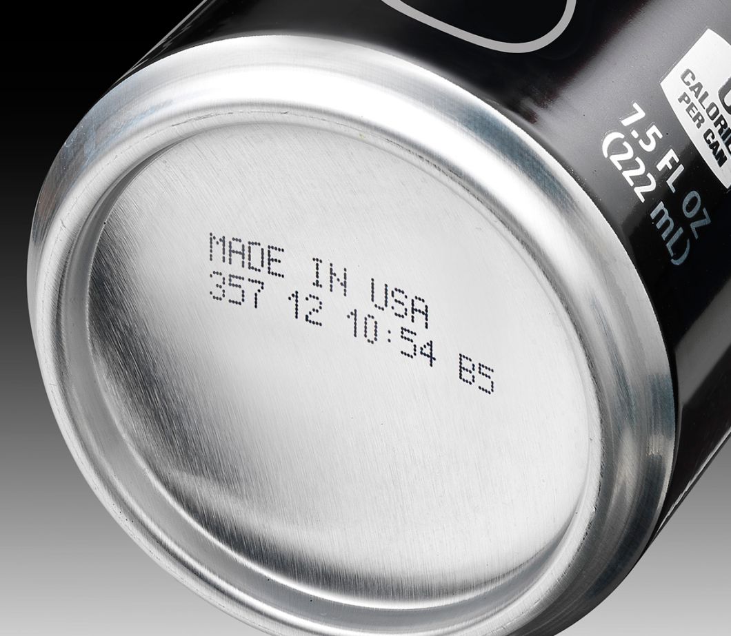 Variable data on the bottom of an aluminium can, printed by a high speed inkjet