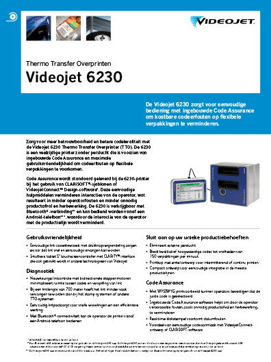 Specsheet van Videojet 6230 thermal transfer overprinter..