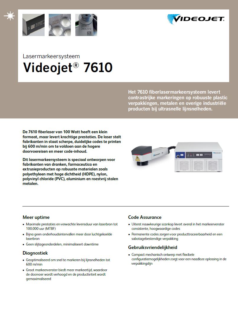 Specificatiesheet Videojet 7610 fiber laser.